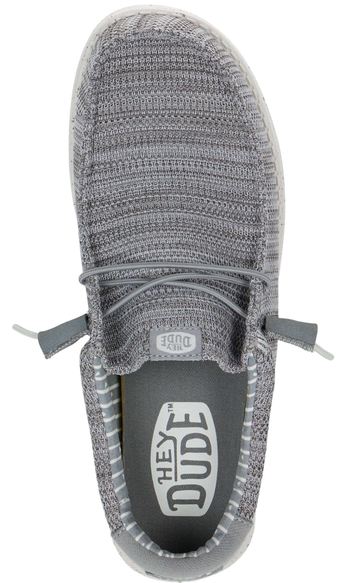 Gray fabric slip-on shoe with laces and "HEY DUDE" on the insole.