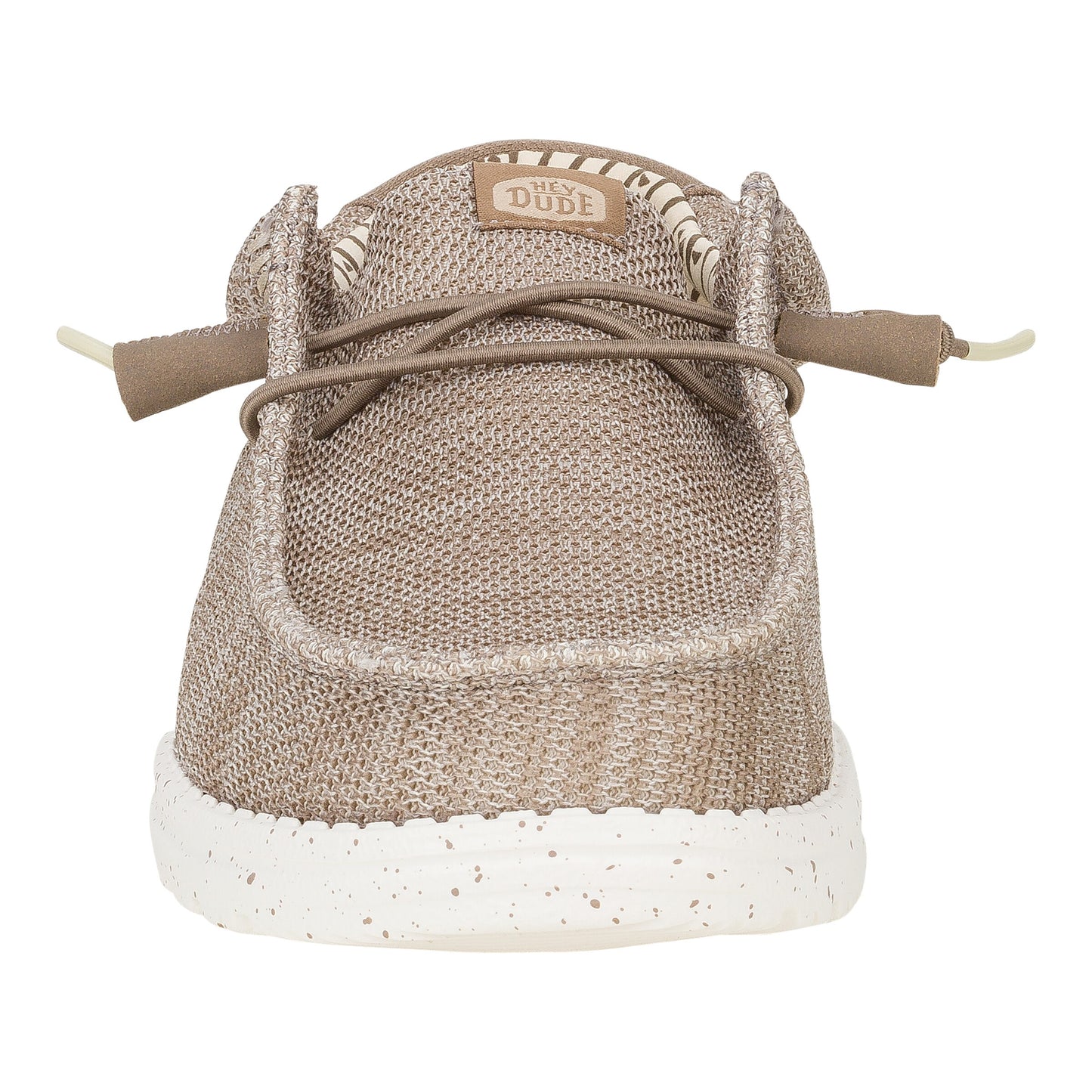 Slip-on tan woven shoe with white rubber sole.