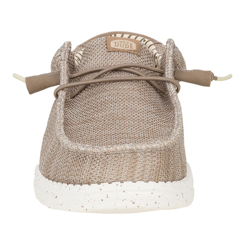 Slip-on tan woven shoe with white rubber sole.