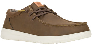 A brown slip-on casual shoe with a white rubber sole, brown laces, a textured heel collar, and a small tan tongue patch featuring an embossed logo.