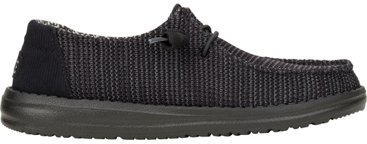 Black slip-on shoe with knitted upper and black sole.