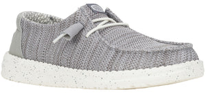 A gray slip-on shoe with white speckled sole and white laces.