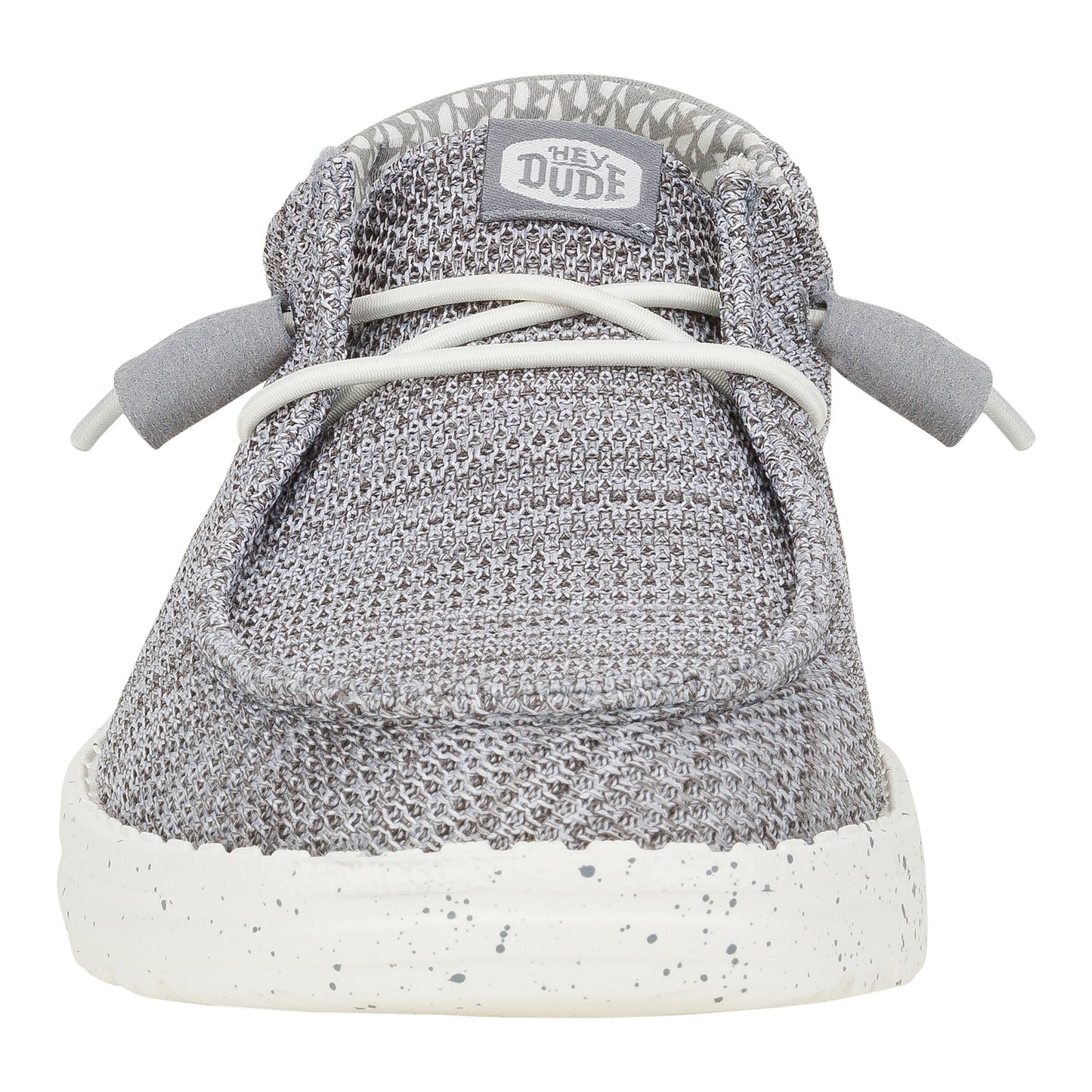 Gray knit slip-on shoe with white laces and sole.