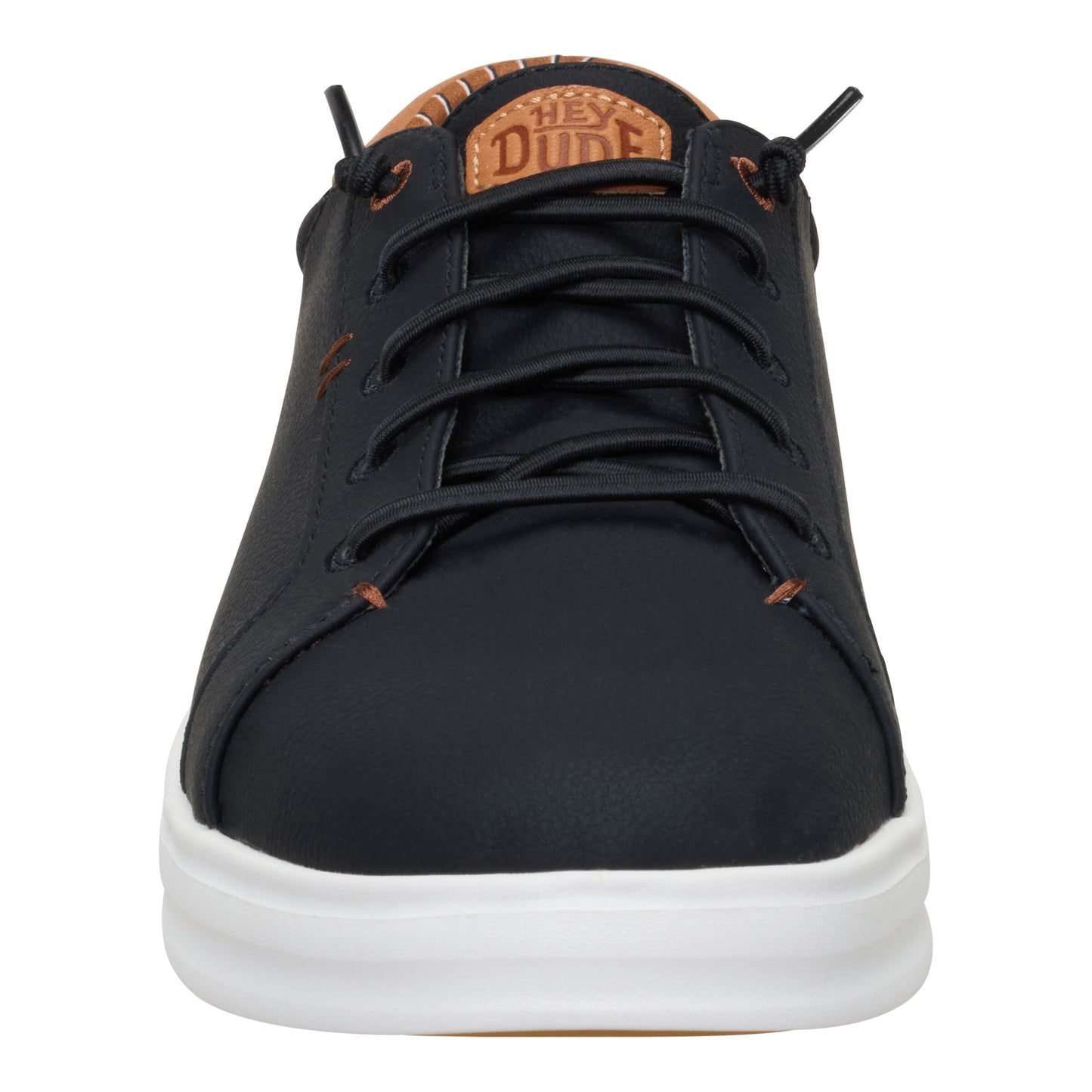 Black casual shoe with white sole, black laces, and a visible tag saying HEY DUDE.