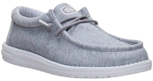 Slip-on sneaker, gray fabric upper, white sole, laces.