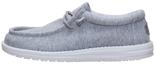 A gray casual shoe with white sole.