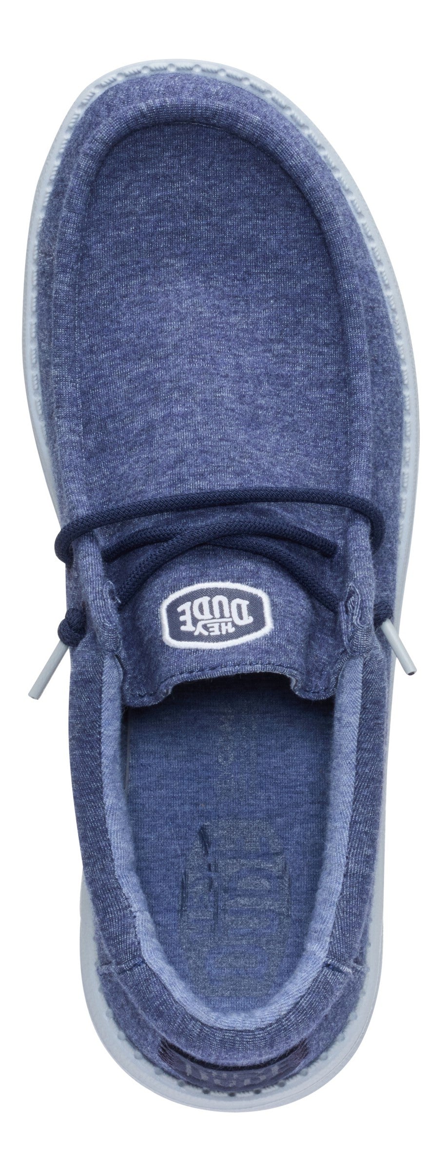 A top-down view of a blue shoe with laces.