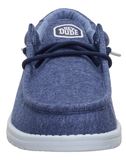 Front view of blue slip-on shoe with white sole and "HEY DUDE" logo.