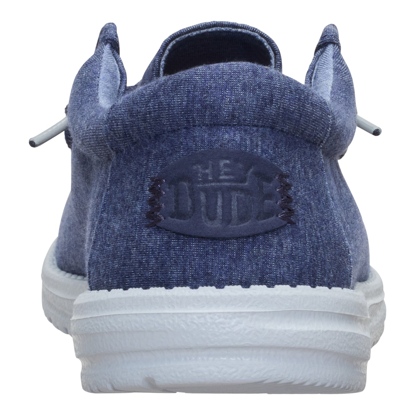 Back view of a blue slip-on shoe with a white sole and a visible logo.