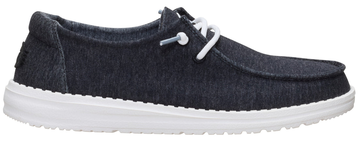 A navy-blue casual shoe with white soles and laces.