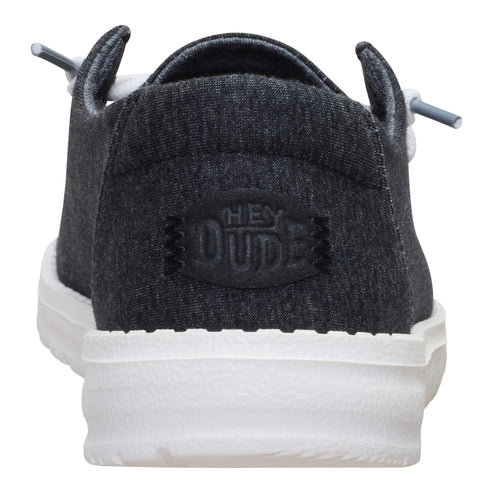 Back view of gray slip-on sneaker with white sole and "HEY DUDE" logo.