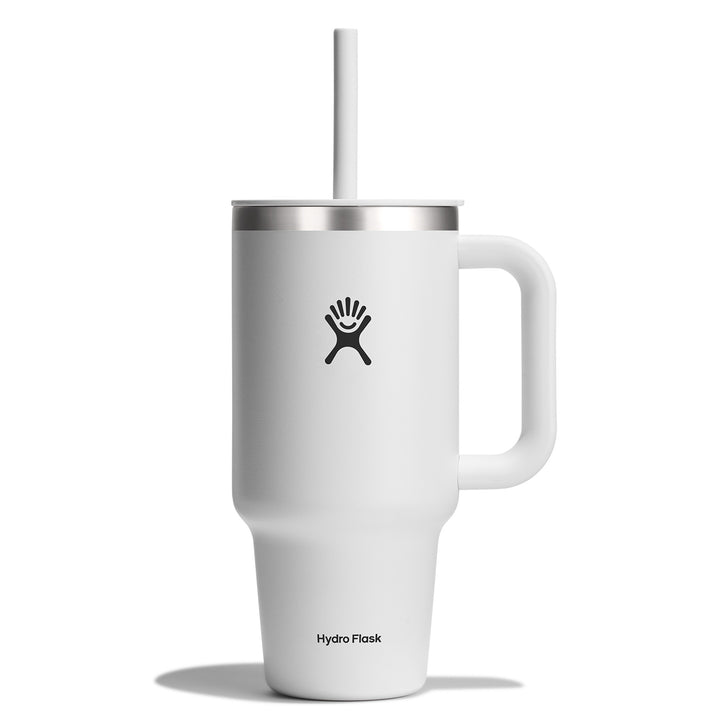 White mug with handle and straw with logo and brand name text at the bottom.
