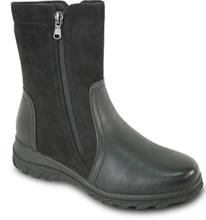 A black ankle boot with a zipper on the side, featuring a combination of smooth leather and suede-like materials, set on a rugged, textured rubber sole.