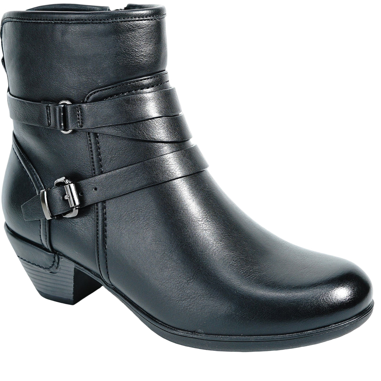 Black heeled ankle boot with buckle straps.