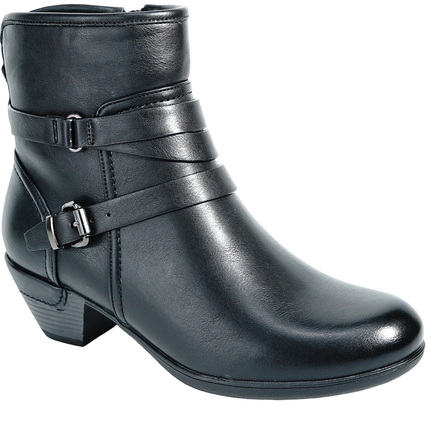 Black heeled ankle boot with buckle straps.