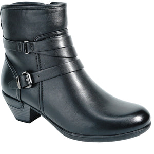 Black heeled ankle boot with buckle straps.