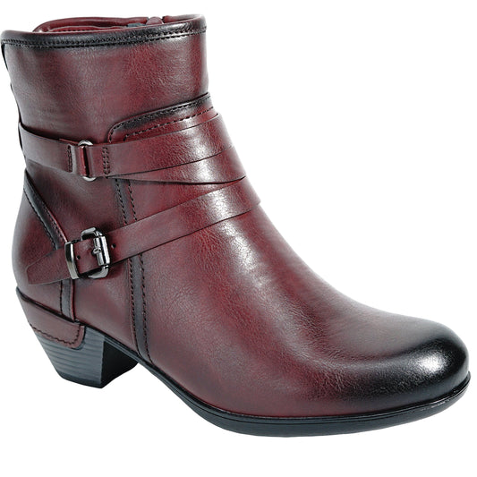 Burgundy ankle boot with buckle strap