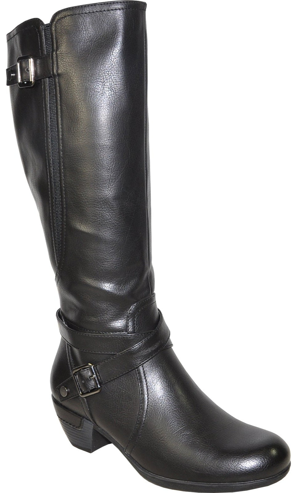 Black knee-high boot with buckle detail and side zipper.