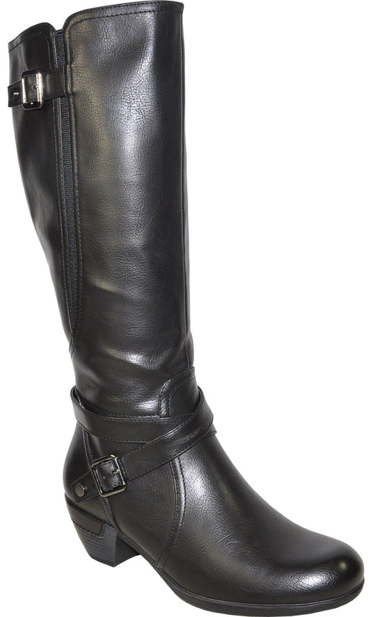 Black knee-high boot with buckle detail and side zipper.