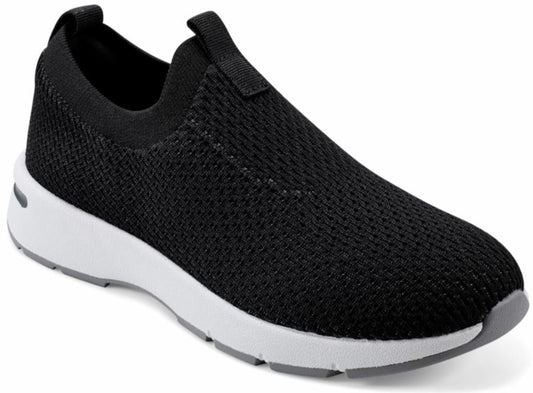 Black slip-on sneaker with a white sole.