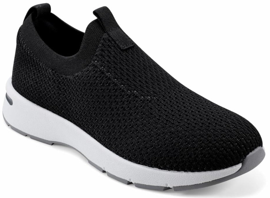 Slip-on sneaker featuring a black mesh upper and a white sole.