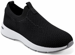 Slip-on sneaker featuring a black mesh upper and a white sole.