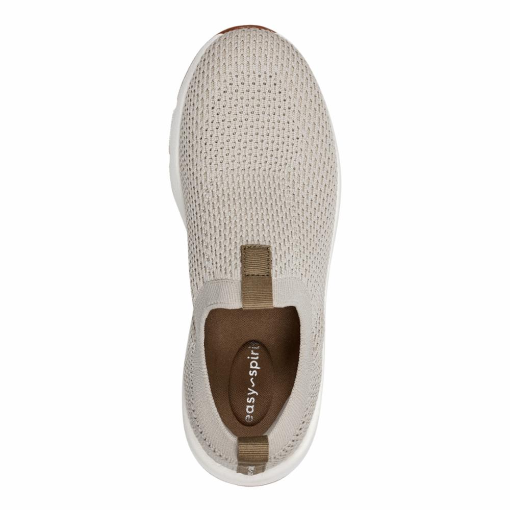 Beige knit slip-on shoe with "easy-spirit" printed on insole.