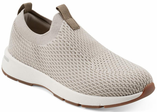 Slip-on sneaker with beige knit upper and white sole.