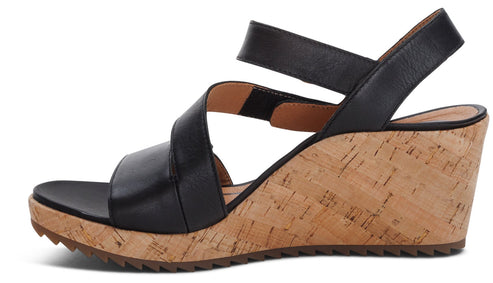 Black wedge heel sandal with leather straps.