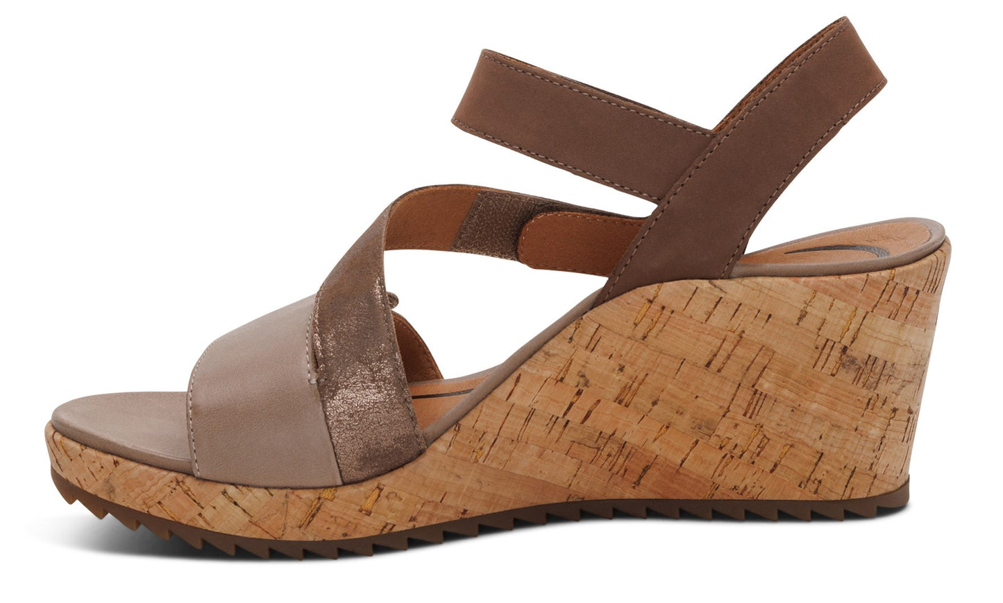 Wedge sandal with brown straps and a cork heel.