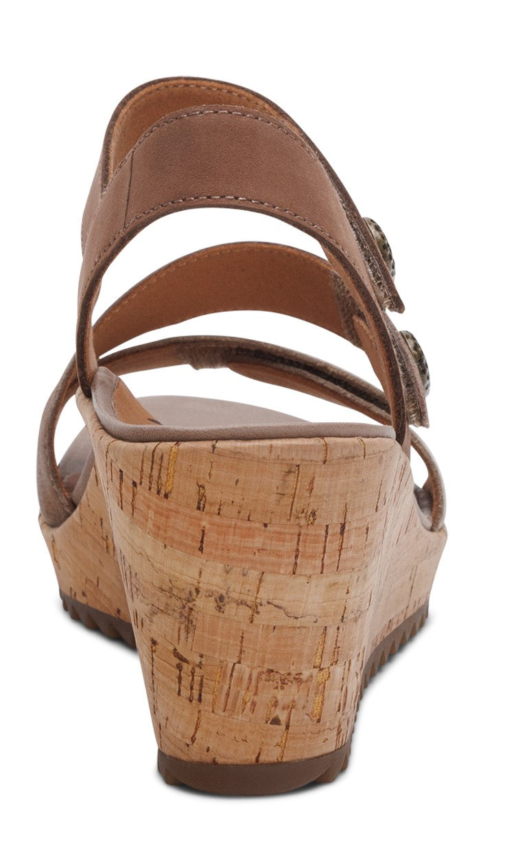 back of taupe wedge sandal with cork heel
