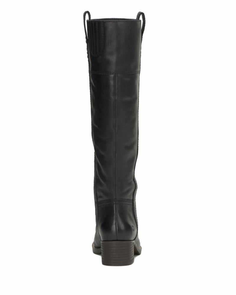Tall black boot with low block heel and pull tabs at the top.