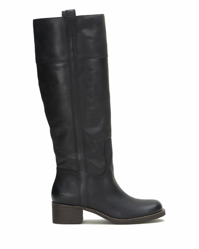 A black leather knee-high boot with a stacked block heel.