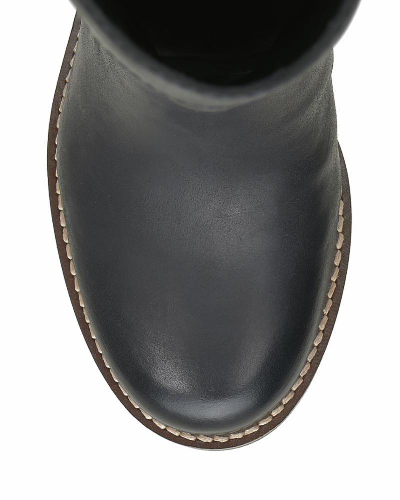 Top-down view of a black leather boot with light stitching around the sole.