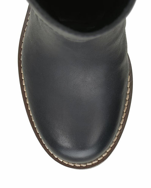 Top-down view of a black leather boot with light stitching around the sole.