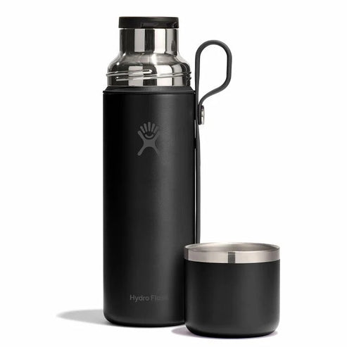 Black stainless steel bottle with handle, metal cap, and black stainless steel cup.