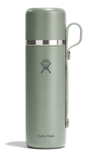 Olive green container with handle and the words Hydro Flask at the bottom.