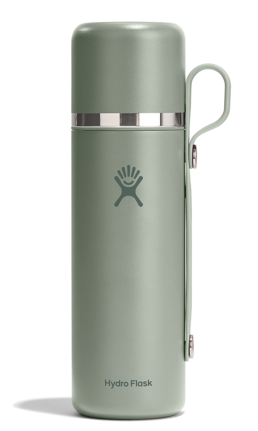 Olive green container with handle and the words Hydro Flask at the bottom.