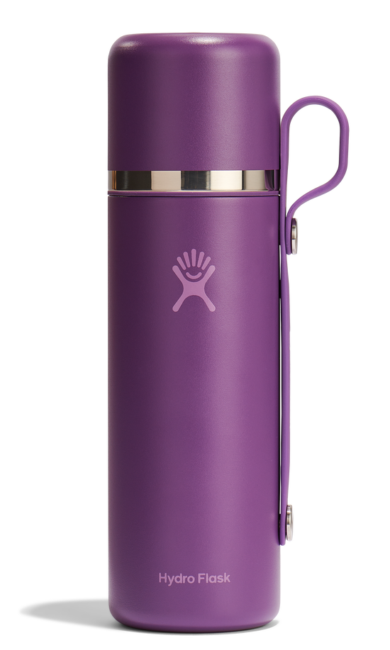 Purple stainless steel water bottle with a handle