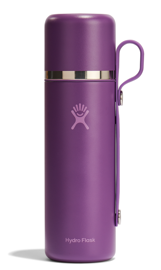 Purple stainless steel water bottle with a handle