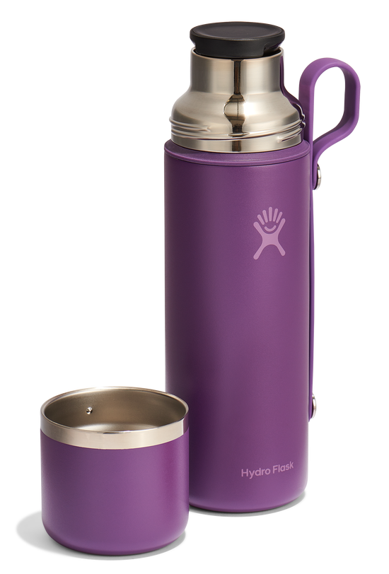 Purple water bottle with a removable cup.