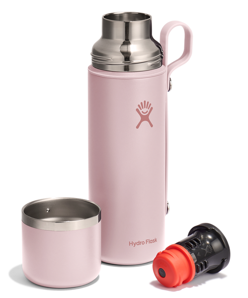 Pink metal water bottle with lid, and filter attachment.
