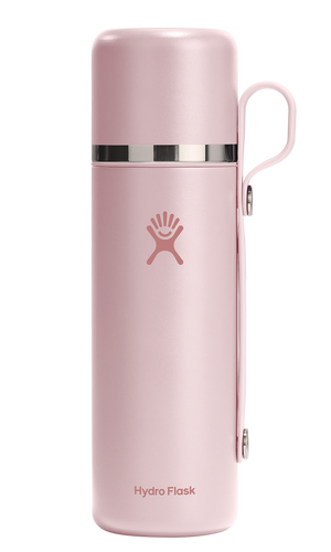 Pink water bottle with handle and logo.