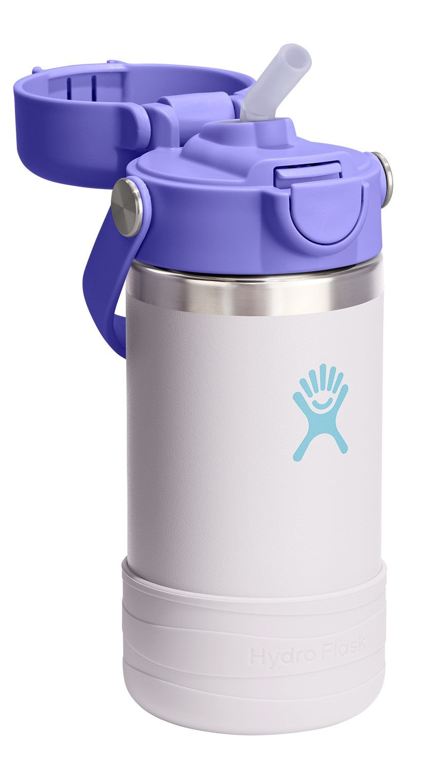 White and steel bottle with a blue logo and a purple lid with a straw.