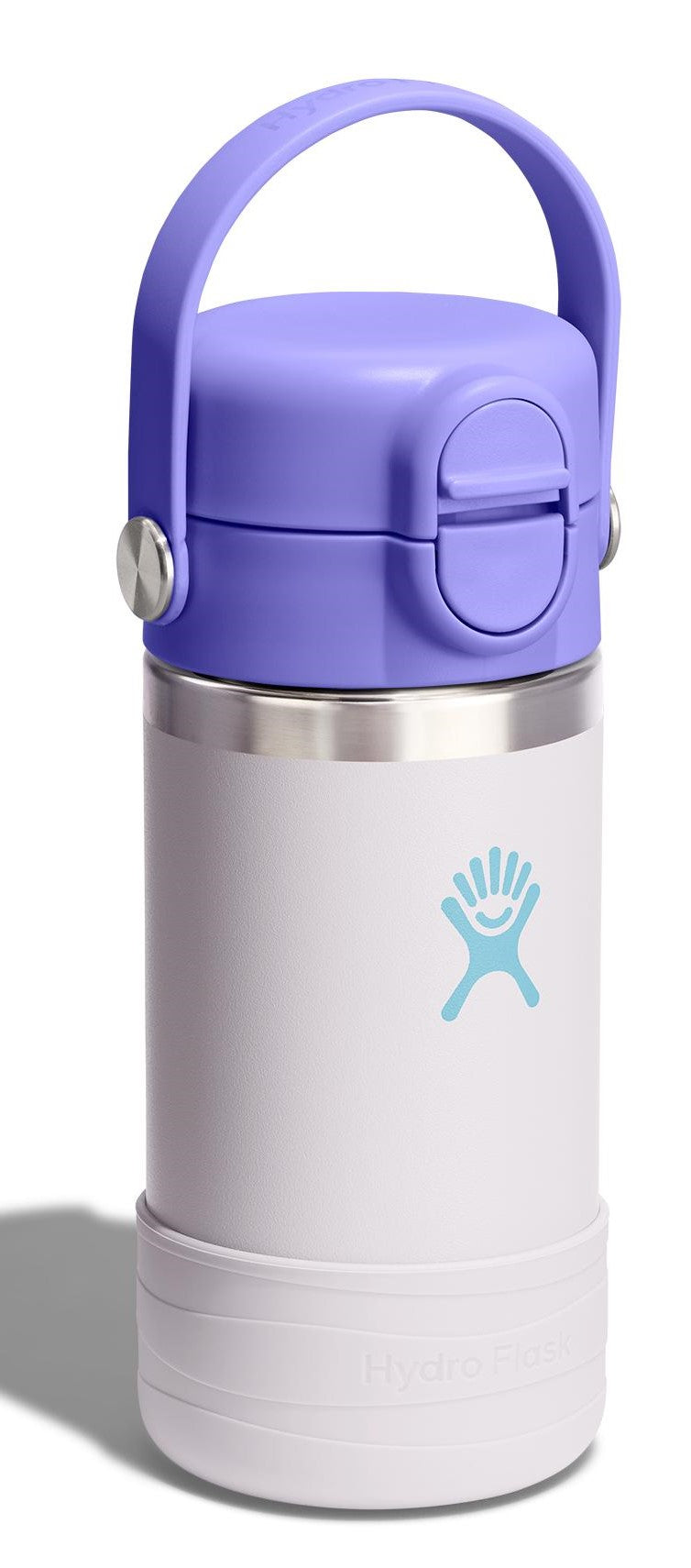 A white and stainless steel water bottle with a purple handle and lid.