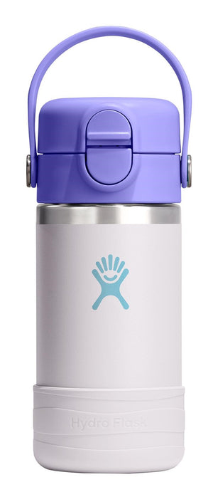 A white water bottle with a purple top and handle has a light blue hand logo on it.