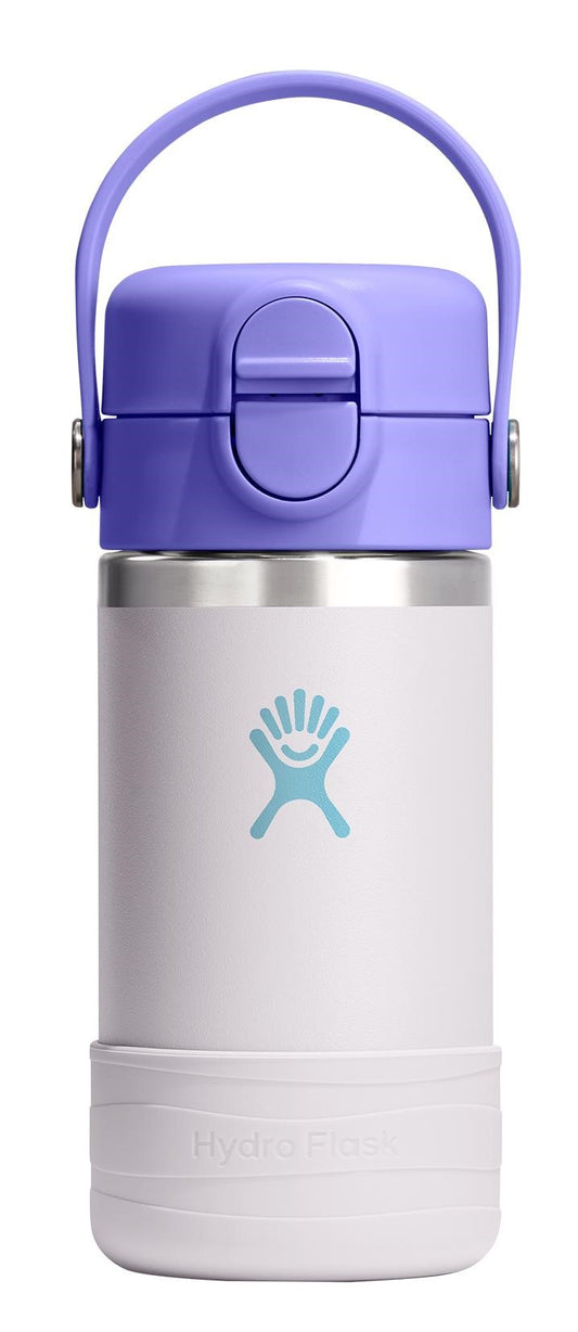 A white water bottle with a purple top and handle has a light blue hand logo on it.