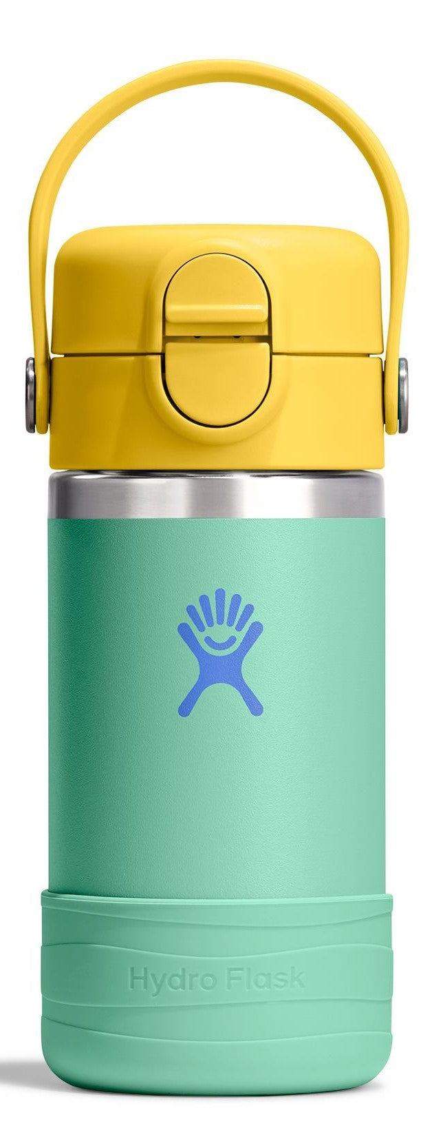 A teal and yellow water bottle with a handle.