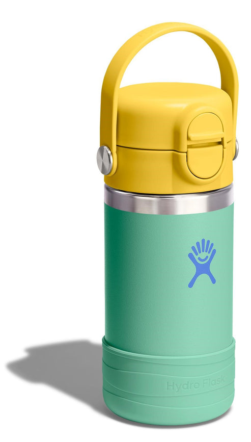 Teal water bottle with a yellow handle and cap and a teal boot.