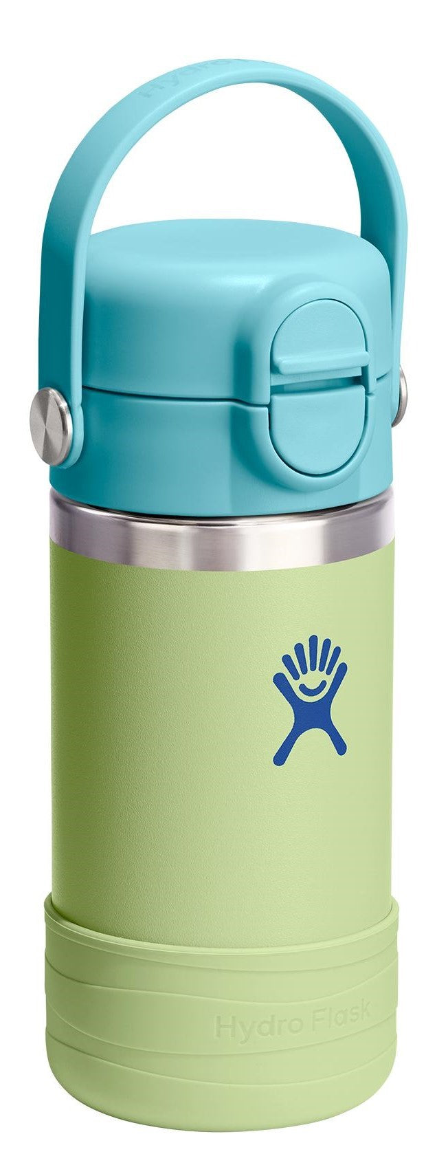 A cylindrical water bottle with a blue lid and carrying handle, a silver band, and a light green body with a dark blue logo.